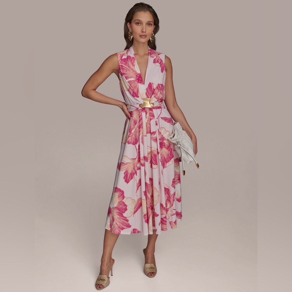 NWT Donna Karan Floral A-Line Midi Dress. Size 12. Misty Rose Pink - Picture 7 of 10